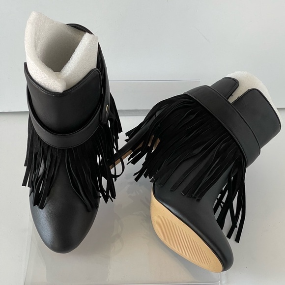 June Ambrose Black Leather Ankle Boots Platform Heels Fringe Tassel Bootie, 6.5W - Picture 7 of 10